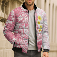 Pink Hawaii Shark Tattoo Bomber Puffer Jacket Puakenikeni Lei Plumeria Polynesian Pattern