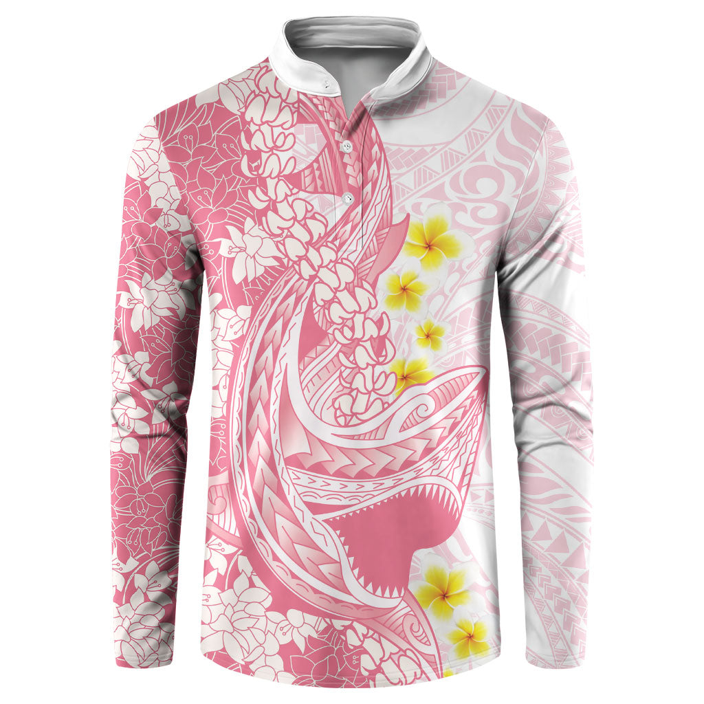 Pink Hawaii Shark Tattoo Button Sweatshirt Puakenikeni Lei Plumeria Polynesian Pattern