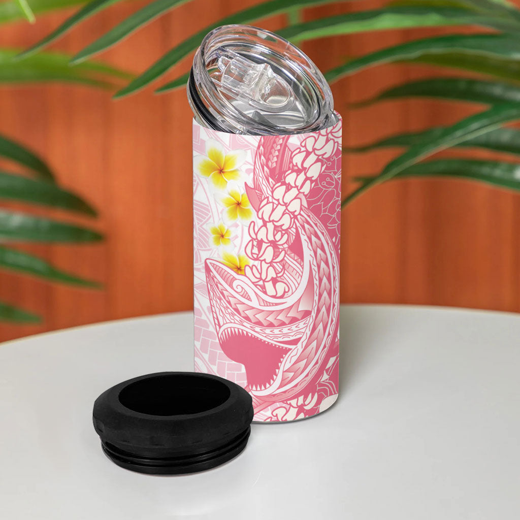 Pink Hawaii Shark Tattoo 4 in 1 Can Cooler Tumbler Puakenikeni Lei Plumeria Polynesian Pattern