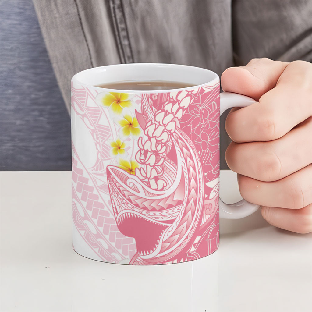 Pink Hawaii Shark Tattoo Ceramic Mug Puakenikeni Lei Plumeria Polynesian Pattern