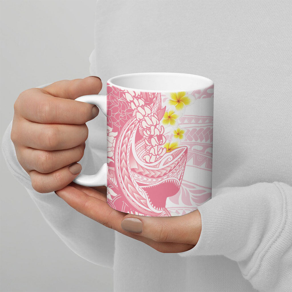 Pink Hawaii Shark Tattoo Ceramic Mug Puakenikeni Lei Plumeria Polynesian Pattern
