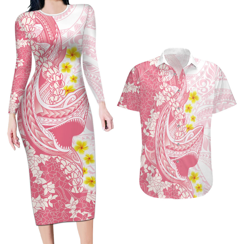 Pink Hawaii Shark Tattoo Couples Matching Long Sleeve Bodycon Dress and Hawaiian Shirt Puakenikeni Lei Plumeria Polynesian Pattern