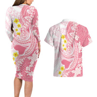 Pink Hawaii Shark Tattoo Couples Matching Long Sleeve Bodycon Dress and Hawaiian Shirt Puakenikeni Lei Plumeria Polynesian Pattern LT14 - Polynesian Pride