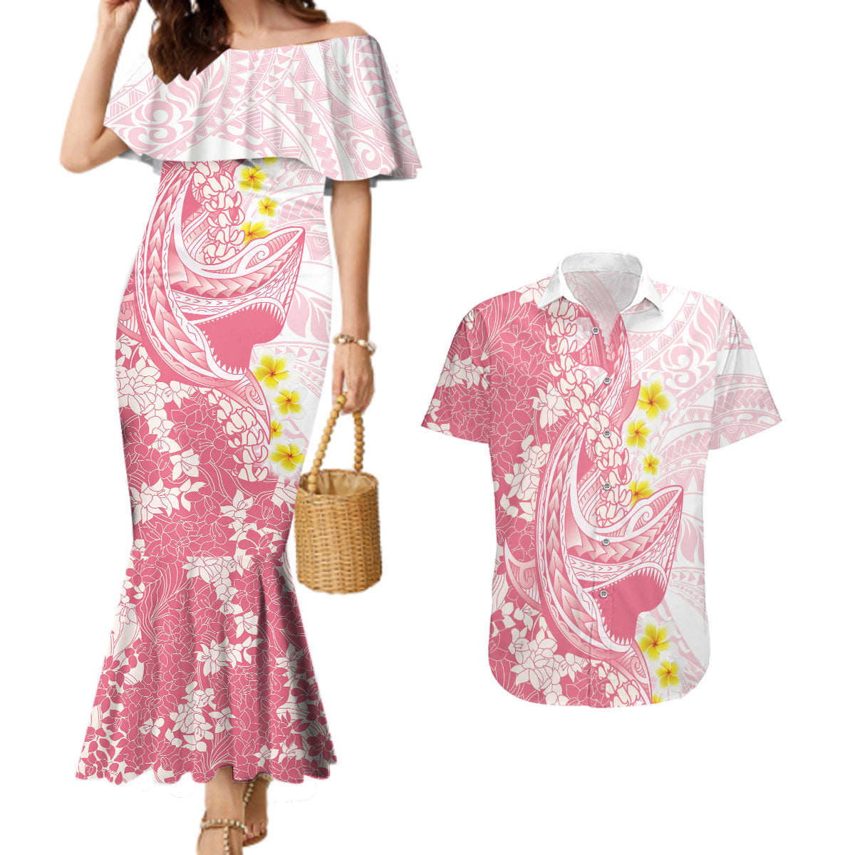 Pink Hawaii Shark Tattoo Couples Matching Mermaid Dress and Hawaiian Shirt Puakenikeni Lei Plumeria Polynesian Pattern