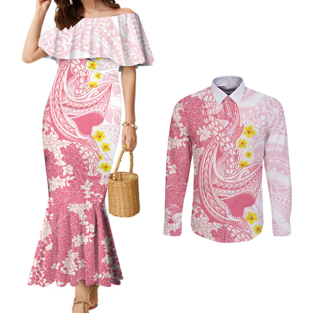 Pink Hawaii Shark Tattoo Couples Matching Mermaid Dress and Long Sleeve Button Shirt Puakenikeni Lei Plumeria Polynesian Pattern