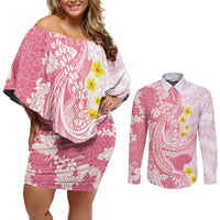 Pink Hawaii Shark Tattoo Couples Matching Off Shoulder Short Dress and Long Sleeve Button Shirt Puakenikeni Lei Plumeria Polynesian Pattern