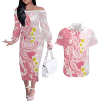 Pink Hawaii Shark Tattoo Couples Matching Off The Shoulder Long Sleeve Dress and Hawaiian Shirt Puakenikeni Lei Plumeria Polynesian Pattern LT14 Pink - Polynesian Pride