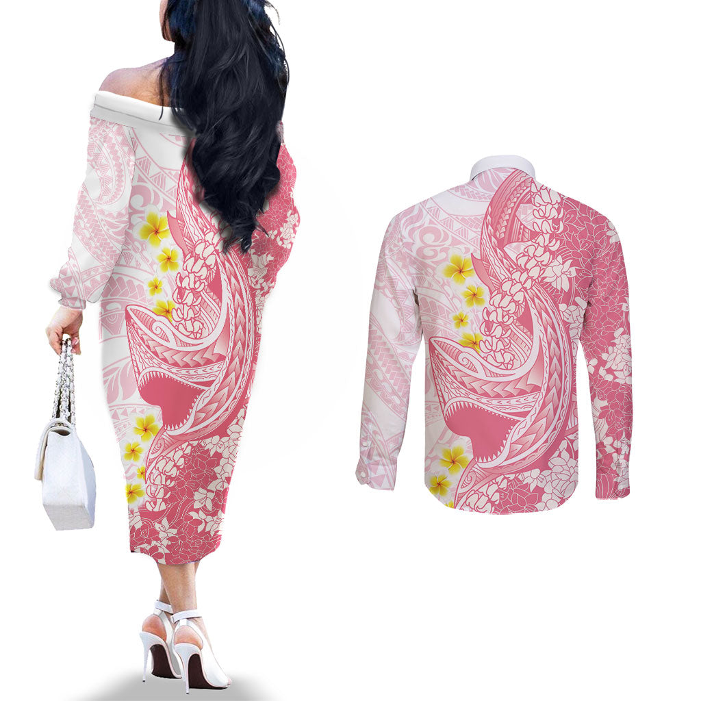 Pink Hawaii Shark Tattoo Couples Matching Off The Shoulder Long Sleeve Dress and Long Sleeve Button Shirt Puakenikeni Lei Plumeria Polynesian Pattern LT14 - Polynesian Pride