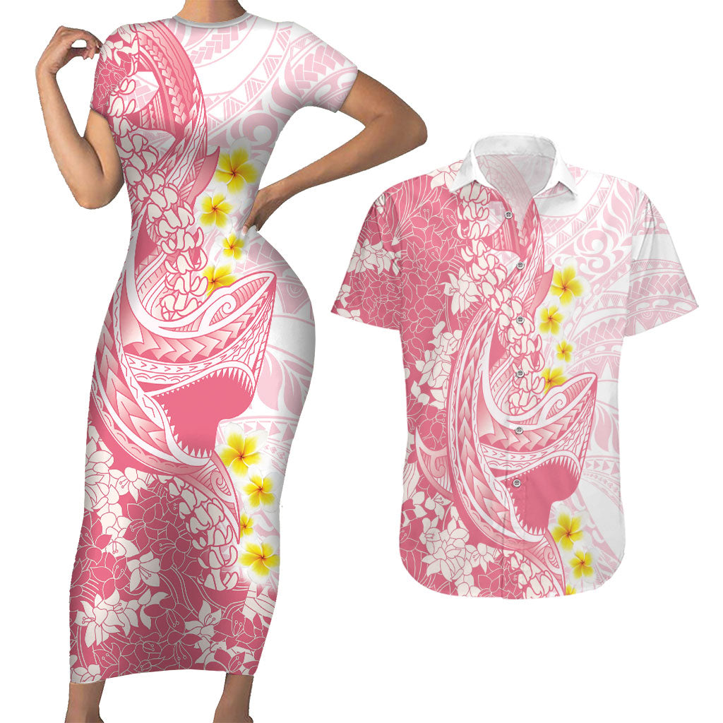 Pink Hawaii Shark Tattoo Couples Matching Short Sleeve Bodycon Dress and Hawaiian Shirt Puakenikeni Lei Plumeria Polynesian Pattern LT14 Pink - Polynesian Pride