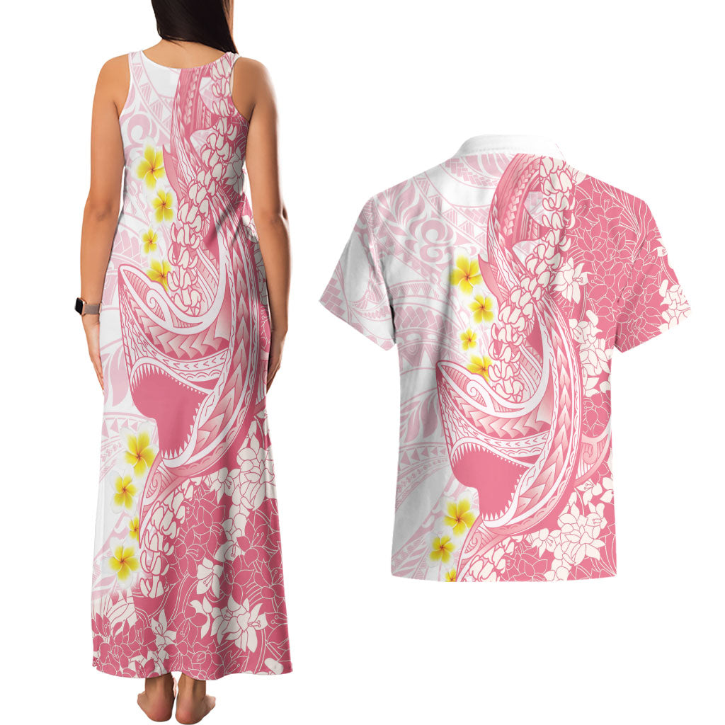 Pink Hawaii Shark Tattoo Couples Matching Tank Maxi Dress and Hawaiian Shirt Puakenikeni Lei Plumeria Polynesian Pattern LT14 - Polynesian Pride