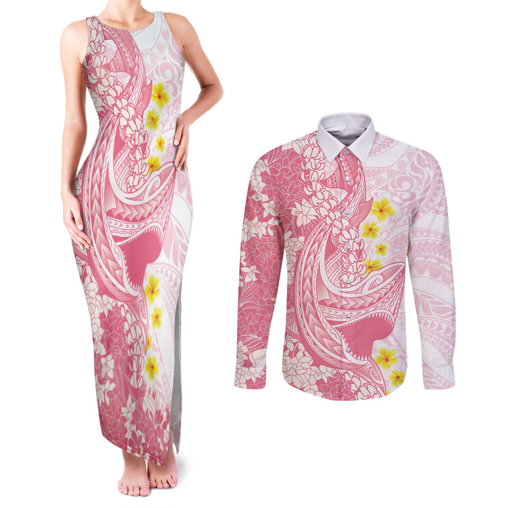 Pink Hawaii Shark Tattoo Couples Matching Tank Maxi Dress and Long Sleeve Button Shirt Puakenikeni Lei Plumeria Polynesian Pattern