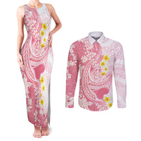Pink Hawaii Shark Tattoo Couples Matching Tank Maxi Dress and Long Sleeve Button Shirt Puakenikeni Lei Plumeria Polynesian Pattern