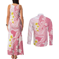 Pink Hawaii Shark Tattoo Couples Matching Tank Maxi Dress and Long Sleeve Button Shirt Puakenikeni Lei Plumeria Polynesian Pattern