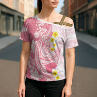 Pink Hawaii Shark Tattoo Cross Shoulder Shirt Puakenikeni Lei Plumeria Polynesian Pattern