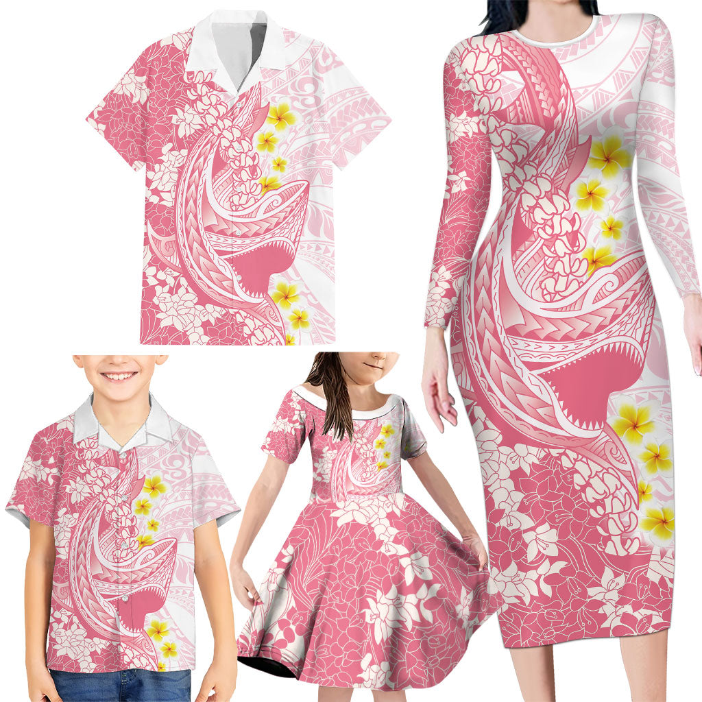 Pink Hawaii Shark Tattoo Family Matching Long Sleeve Bodycon Dress and Hawaiian Shirt Puakenikeni Lei Plumeria Polynesian Pattern
