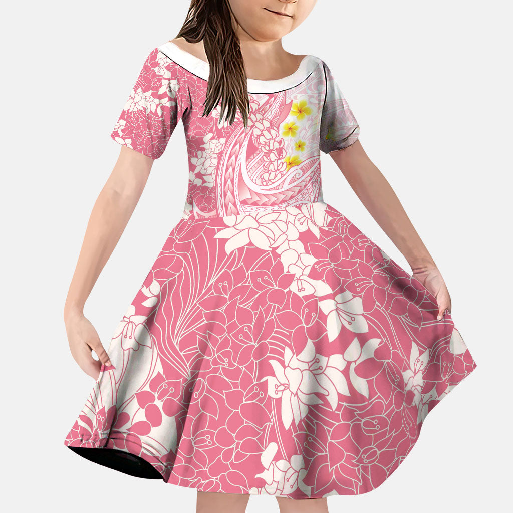 Pink Hawaii Shark Tattoo Family Matching Mermaid Dress and Hawaiian Shirt Puakenikeni Lei Plumeria Polynesian Pattern LT14 Daughter's Dress Pink - Polynesian Pride
