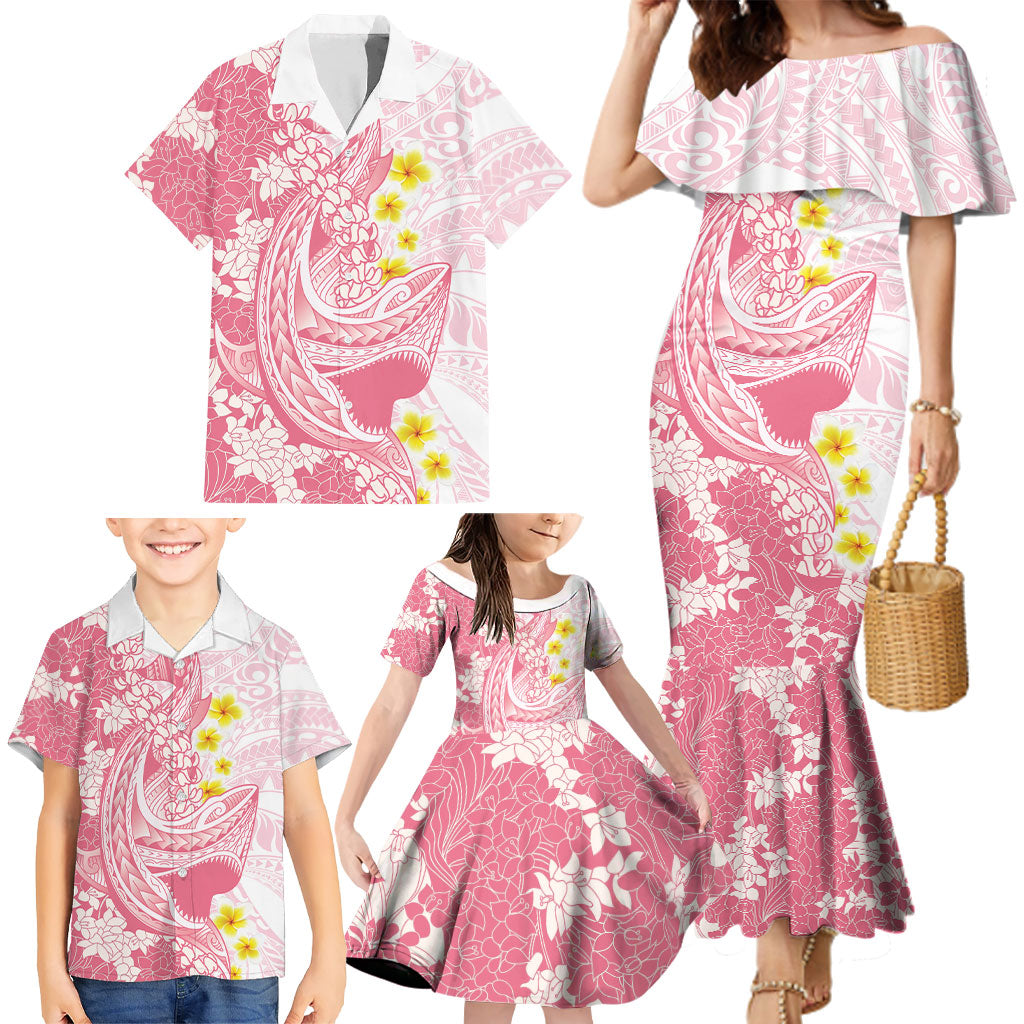 Pink Hawaii Shark Tattoo Family Matching Mermaid Dress and Hawaiian Shirt Puakenikeni Lei Plumeria Polynesian Pattern LT14 - Polynesian Pride