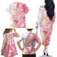 Pink Hawaii Shark Tattoo Family Matching Off The Shoulder Long Sleeve Dress and Hawaiian Shirt Puakenikeni Lei Plumeria Polynesian Pattern LT14 - Polynesian Pride