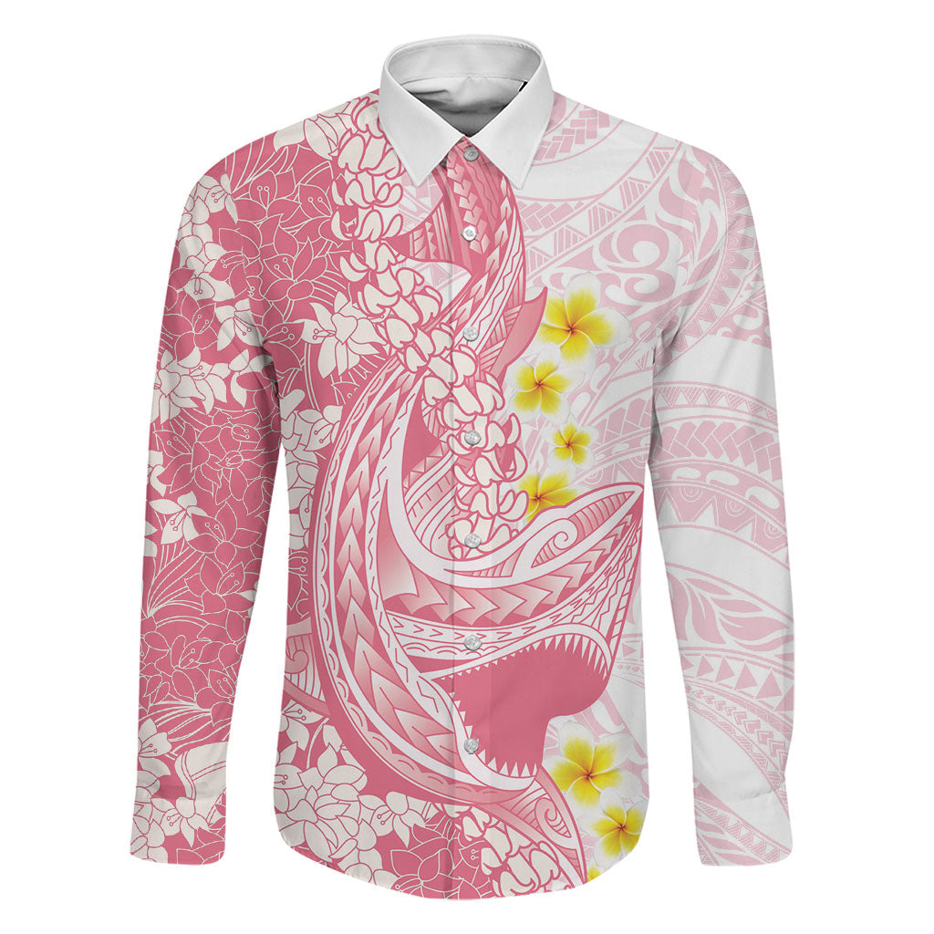 Pink Hawaii Shark Tattoo Family Matching Off Shoulder Maxi Dress and Hawaiian Shirt Puakenikeni Lei Plumeria Polynesian Pattern LT14 Dad's Shirt - Long Sleeve Pink - Polynesian Pride