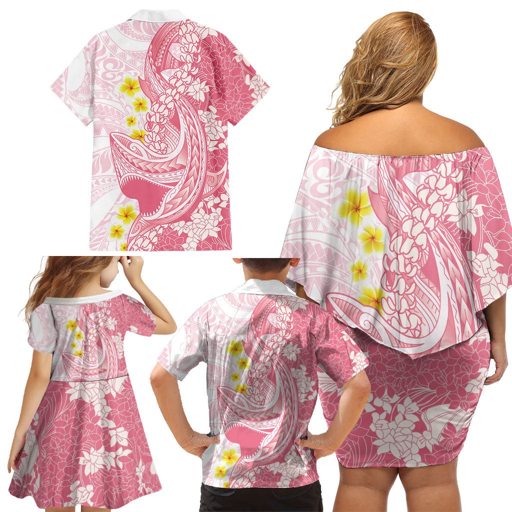 Pink Hawaii Shark Tattoo Family Matching Off Shoulder Short Dress and Hawaiian Shirt Puakenikeni Lei Plumeria Polynesian Pattern LT14 - Polynesian Pride