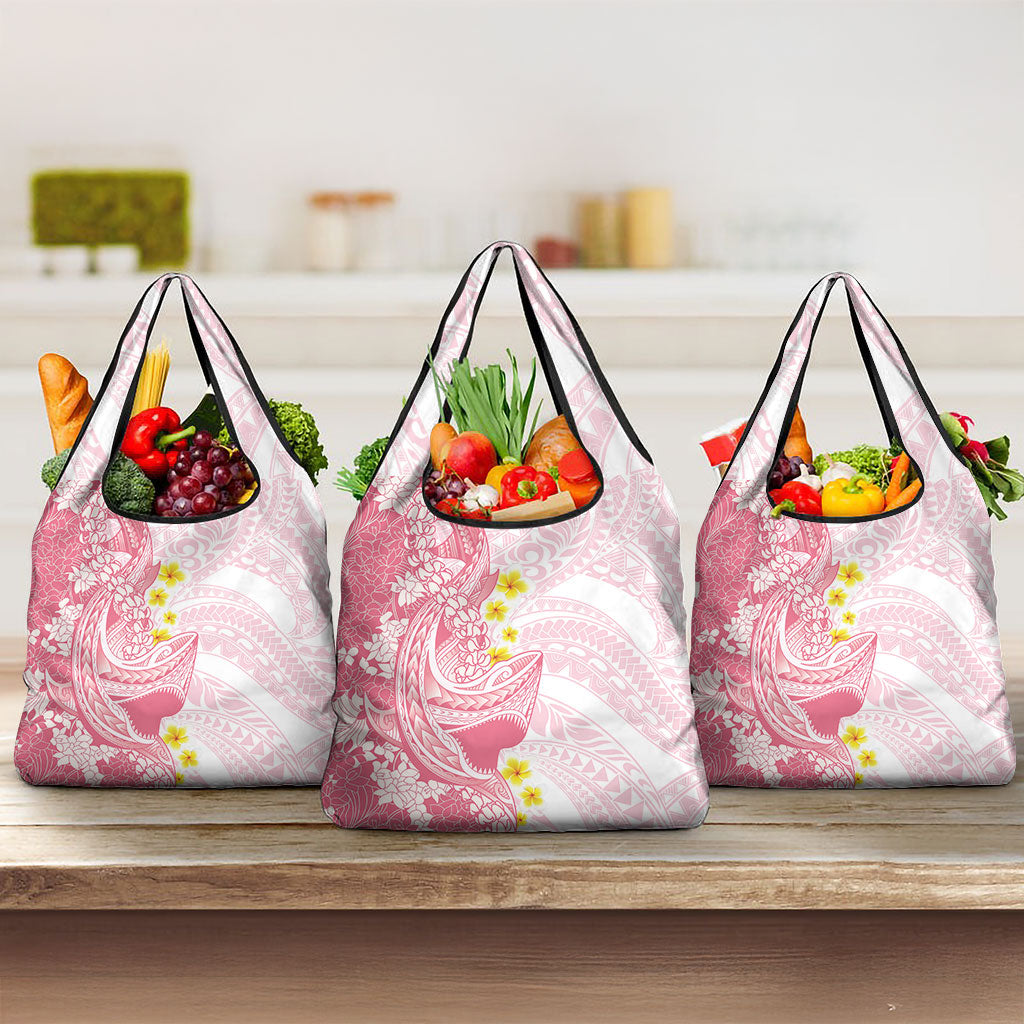 Pink Hawaii Shark Tattoo Grocery Bag Puakenikeni Lei Plumeria Polynesian Pattern
