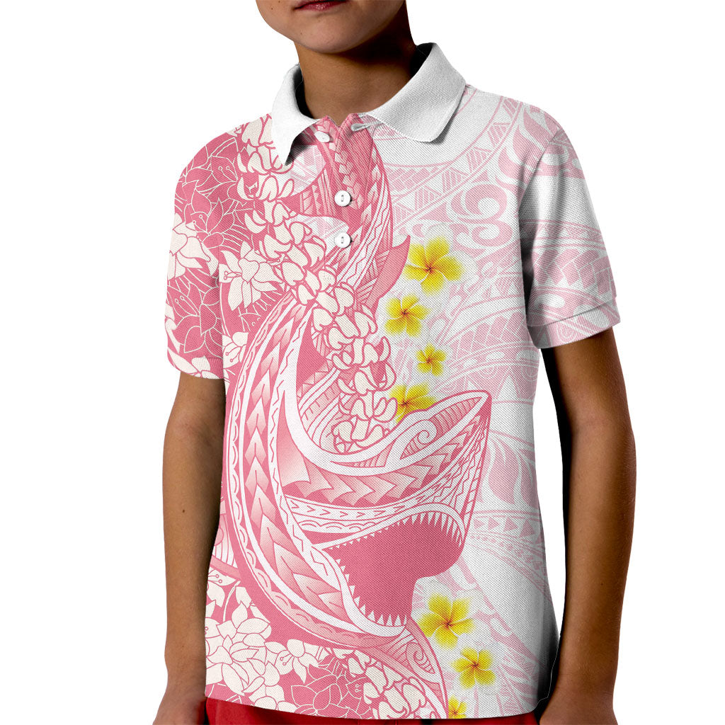 Pink Hawaii Shark Tattoo Kid Polo Shirt Puakenikeni Lei Plumeria Polynesian Pattern