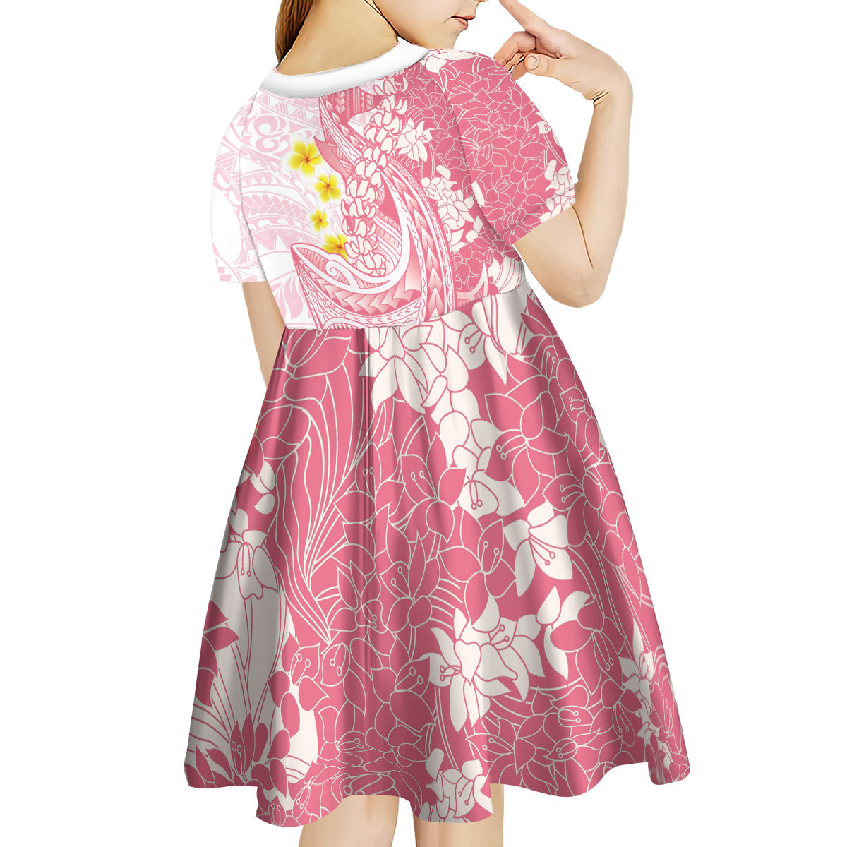 Pink Hawaii Shark Tattoo Kid Short Sleeve Dress Puakenikeni Lei Plumeria Polynesian Pattern