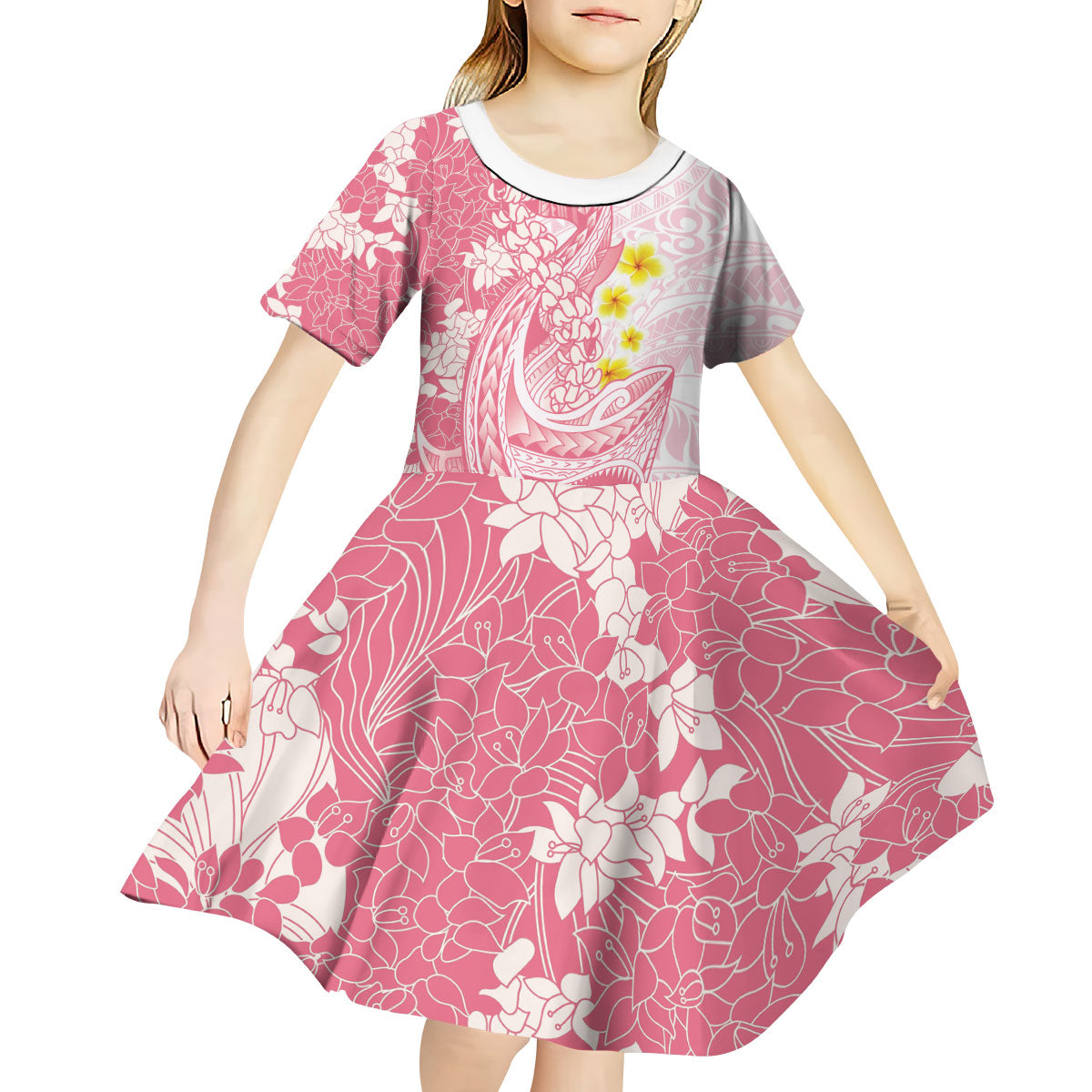 Pink Hawaii Shark Tattoo Kid Short Sleeve Dress Puakenikeni Lei Plumeria Polynesian Pattern
