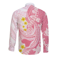 Pink Hawaii Shark Tattoo Long Sleeve Button Shirt Puakenikeni Lei Plumeria Polynesian Pattern