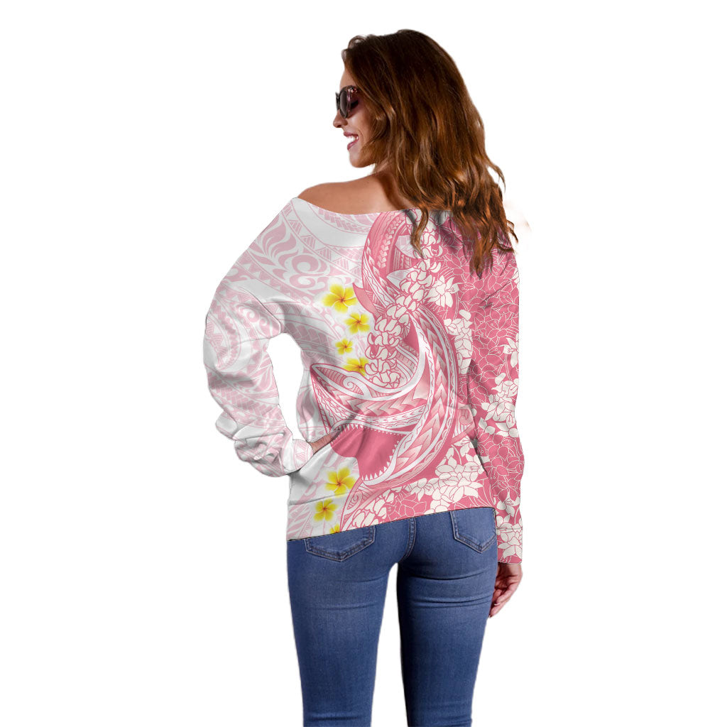 Pink Hawaii Shark Tattoo Off Shoulder Sweater Puakenikeni Lei Plumeria Polynesian Pattern