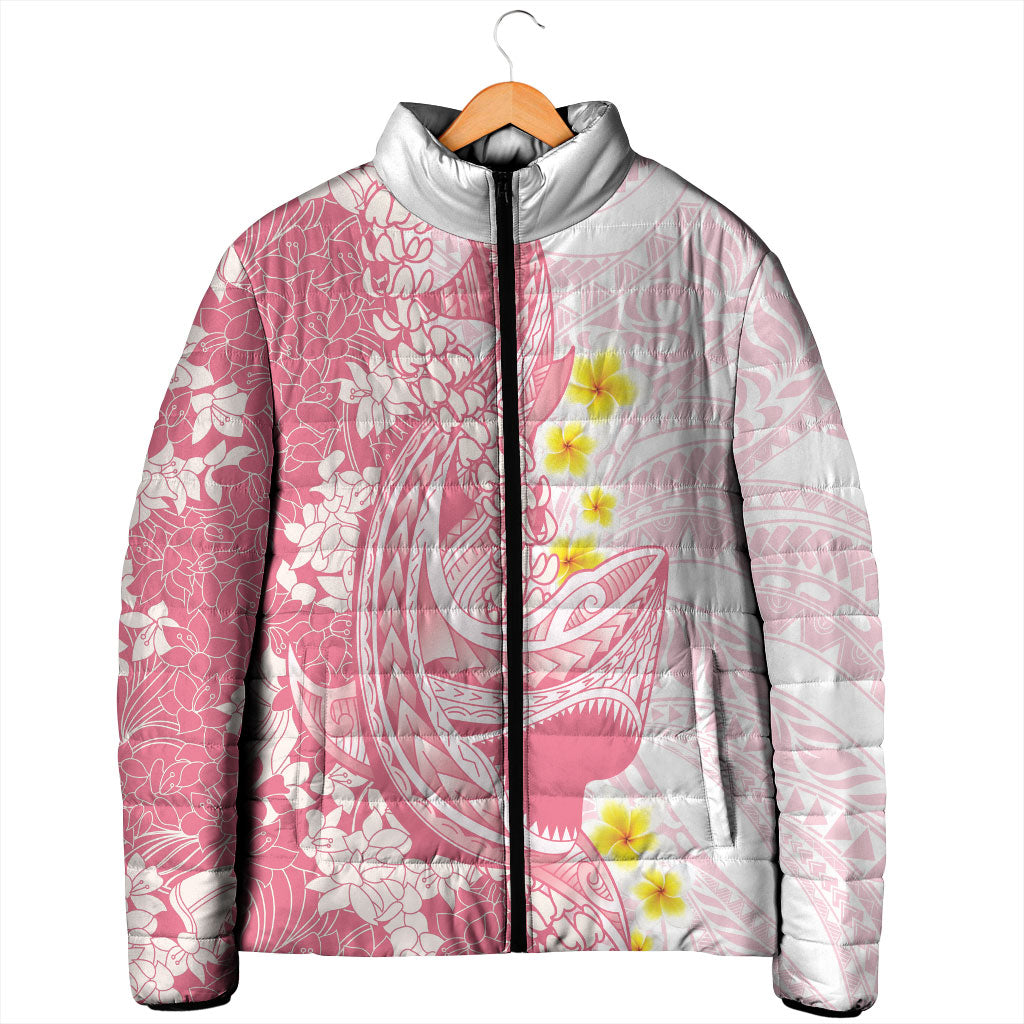 Pink Hawaii Shark Tattoo Padded Jacket Puakenikeni Lei Plumeria Polynesian Pattern