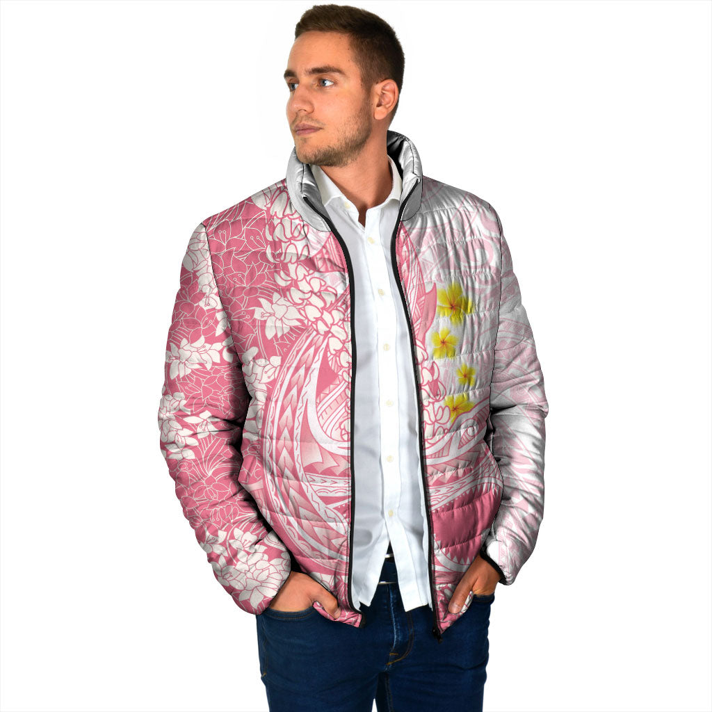 Pink Hawaii Shark Tattoo Padded Jacket Puakenikeni Lei Plumeria Polynesian Pattern