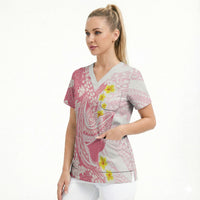 Pink Hawaii Shark Tattoo Scrub Top Puakenikeni Lei Plumeria Polynesian Pattern