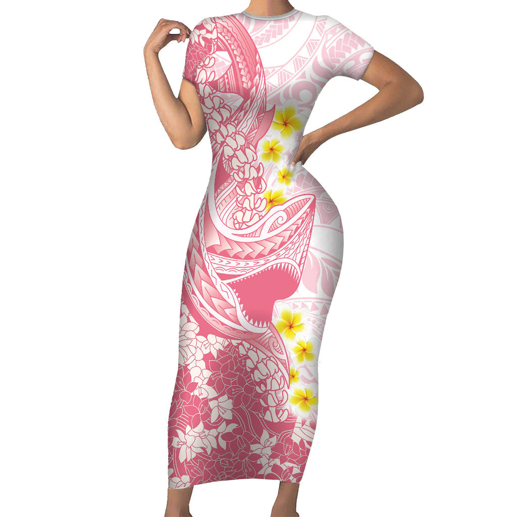 Pink Hawaii Shark Tattoo Short Sleeve Bodycon Dress Puakenikeni Lei Plumeria Polynesian Pattern