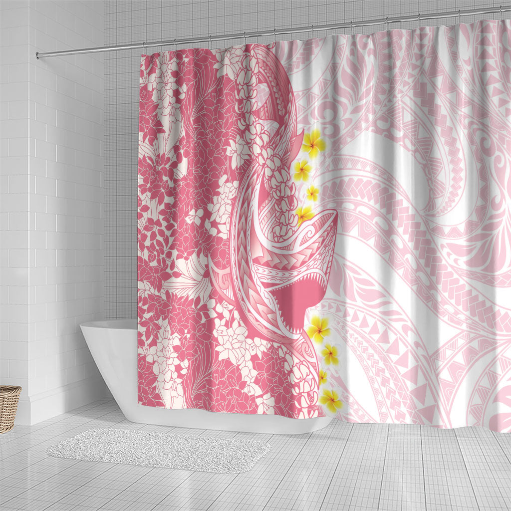 Pink Hawaii Shark Tattoo Shower Curtain Puakenikeni Lei Plumeria Polynesian Pattern