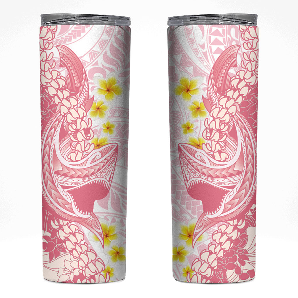 Pink Hawaii Shark Tattoo Skinny Tumbler Puakenikeni Lei Plumeria Polynesian Pattern