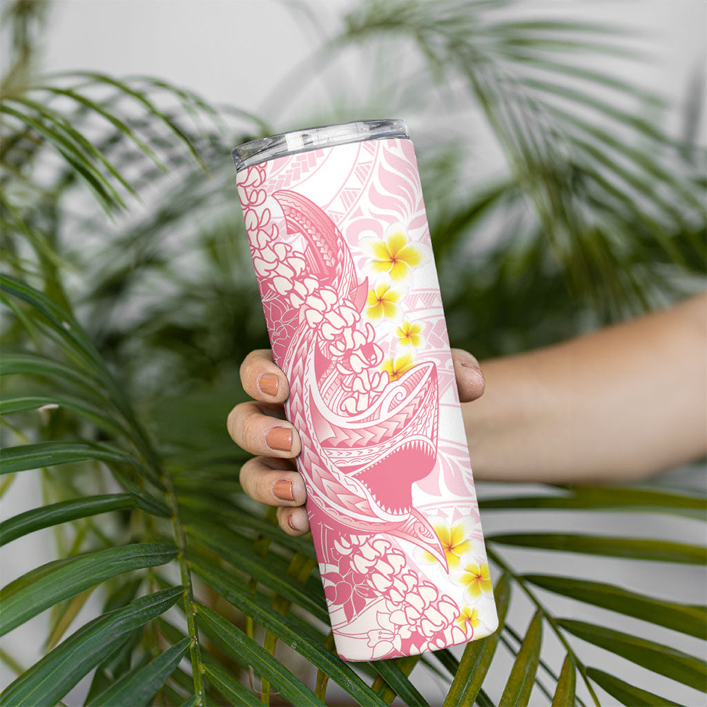 Pink Hawaii Shark Tattoo Skinny Tumbler Puakenikeni Lei Plumeria Polynesian Pattern
