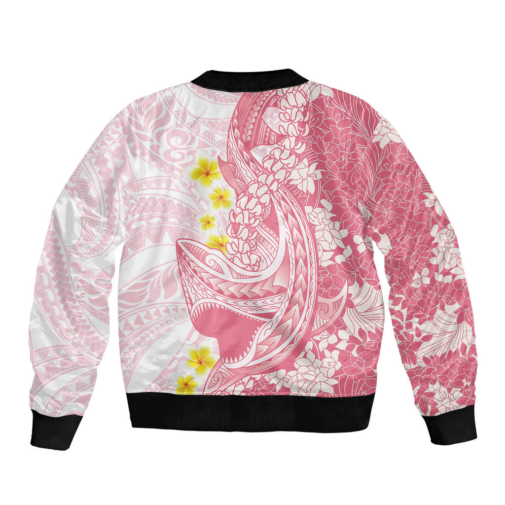 Pink Hawaii Shark Tattoo Sleeve Zip Bomber Jacket Puakenikeni Lei Plumeria Polynesian Pattern LT14 - Polynesian Pride
