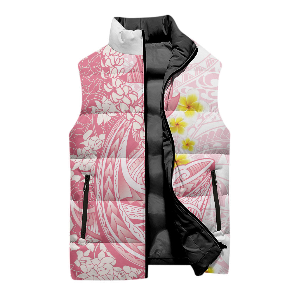 Pink Hawaii Shark Tattoo Sleeveless Puffer Jacket Puakenikeni Lei Plumeria Polynesian Pattern