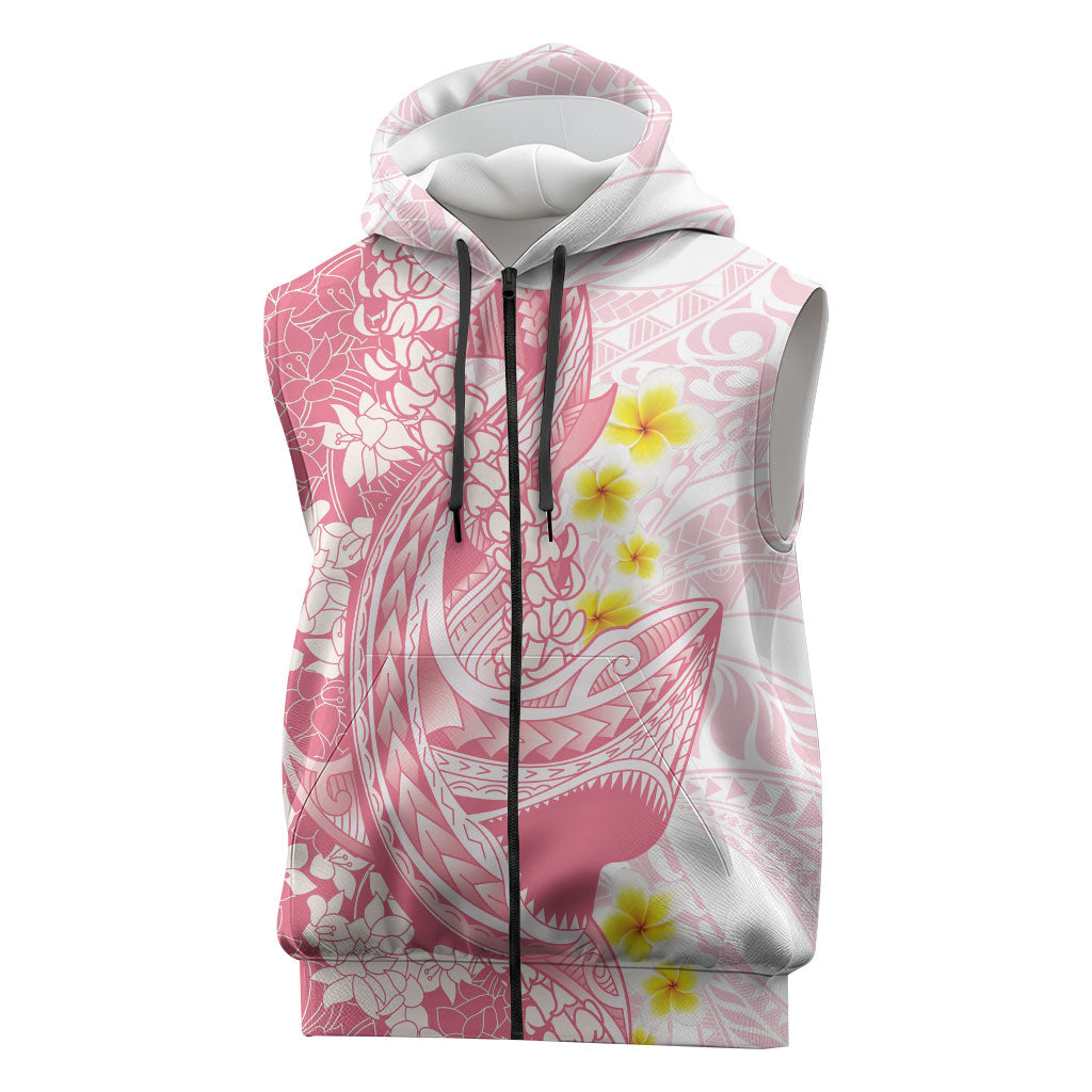 Pink Hawaii Shark Tattoo Sleeveless Zip Hoodie Puakenikeni Lei Plumeria Polynesian Pattern