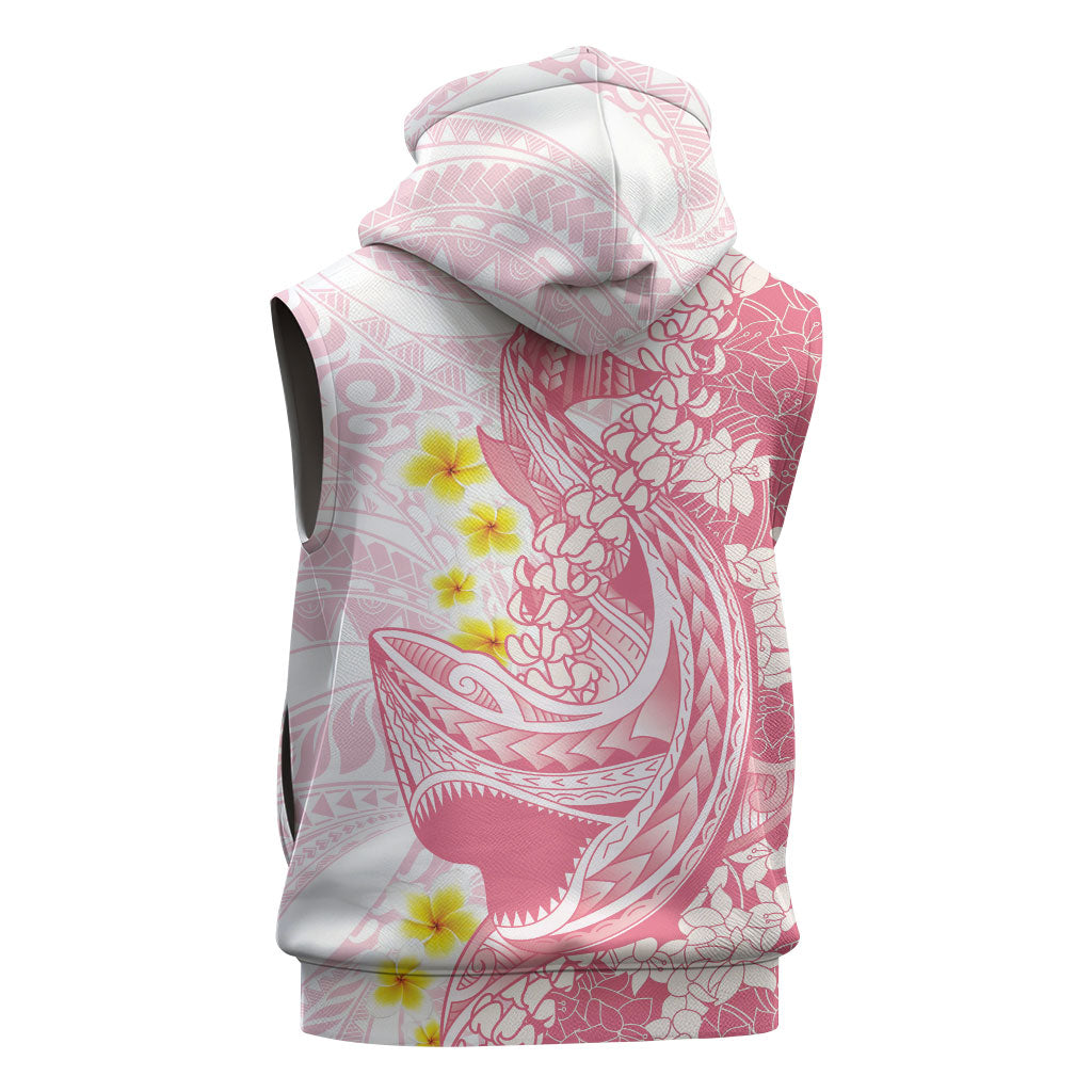Pink Hawaii Shark Tattoo Sleeveless Zip Hoodie Puakenikeni Lei Plumeria Polynesian Pattern