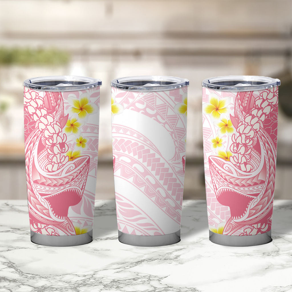 Pink Hawaii Shark Tattoo Tumbler Cup Puakenikeni Lei Plumeria Polynesian Pattern
