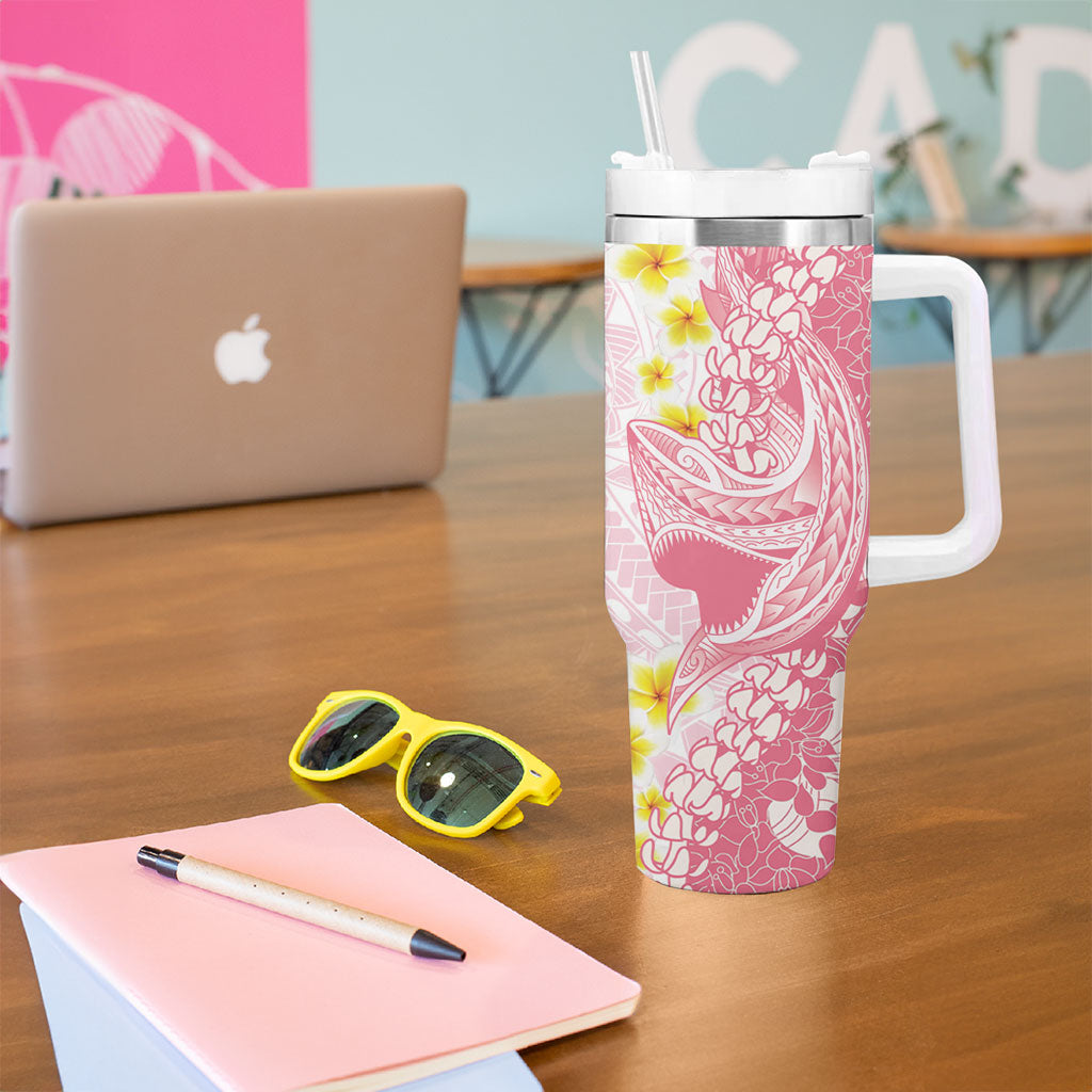 Pink Hawaii Shark Tattoo Tumbler With Handle Puakenikeni Lei Plumeria Polynesian Pattern