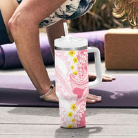Pink Hawaii Shark Tattoo Tumbler With Handle Puakenikeni Lei Plumeria Polynesian Pattern
