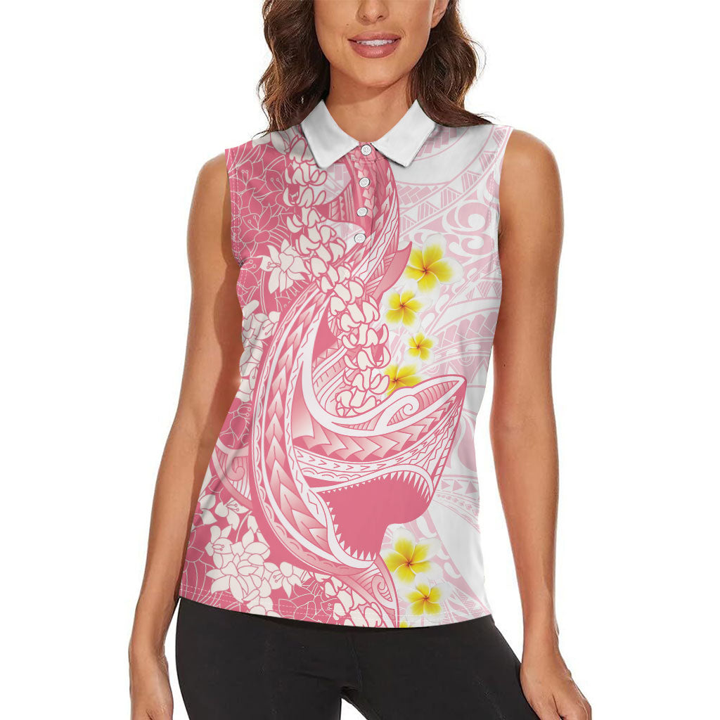 Pink Hawaii Shark Tattoo Women Sleeveless Polo Shirt Puakenikeni Lei Plumeria Polynesian Pattern