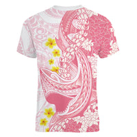 Pink Hawaii Shark Tattoo Women V-Neck T-Shirt Puakenikeni Lei Plumeria Polynesian Pattern