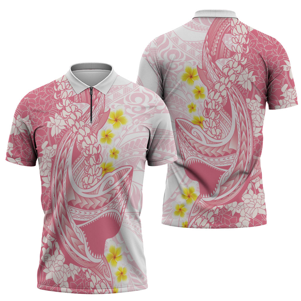 Pink Hawaii Shark Tattoo Zipper Polo Shirt Puakenikeni Lei Plumeria Polynesian Pattern