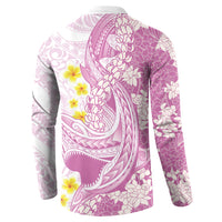 Purple Hawaii Shark Tattoo Button Sweatshirt Puakenikeni Lei Plumeria Polynesian Pattern