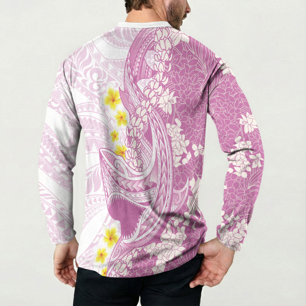 Purple Hawaii Shark Tattoo Button Sweatshirt Puakenikeni Lei Plumeria Polynesian Pattern