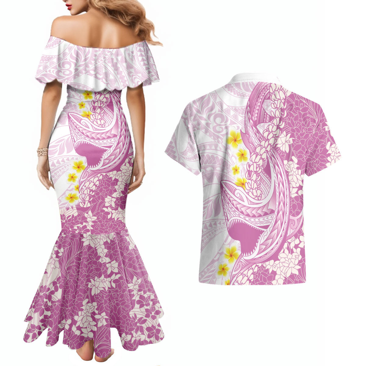 Purple Hawaii Shark Tattoo Couples Matching Mermaid Dress and Hawaiian Shirt Puakenikeni Lei Plumeria Polynesian Pattern LT14 - Polynesian Pride